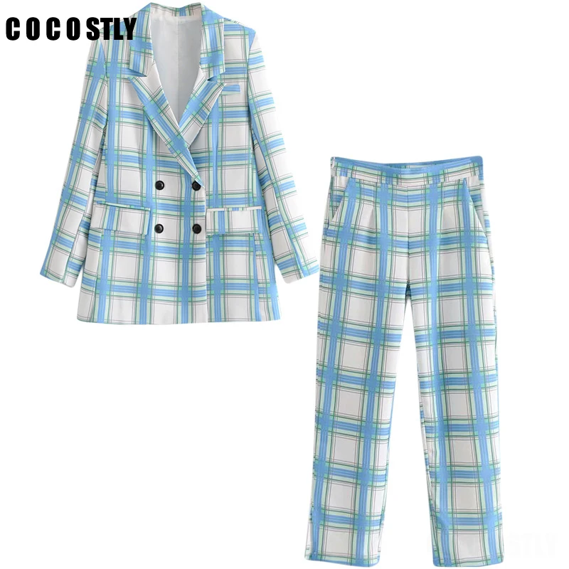 Женский шикарный клетчатый блейзер с длинными рукавами и карманами двубортное