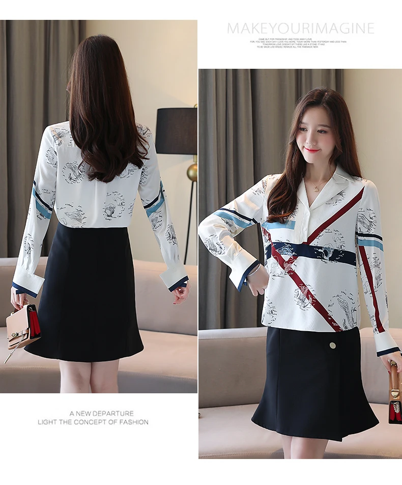 

Silk Women's Blouses Long Sleeve Chiffon Top Casual New Shirt Korean Regular Blouse Button Print Tops Houthion