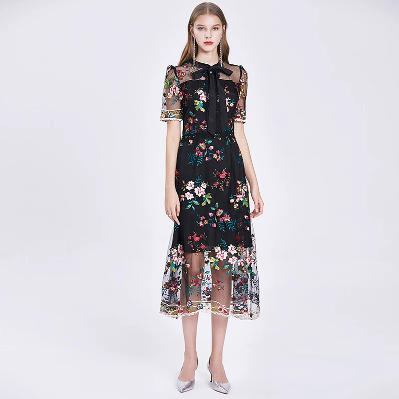 

Long Dress Women High Waist Slim Floral Mesh Embroidery Runway Party Dress Elegant Short Sleeve Casual Summer Dress TA9807