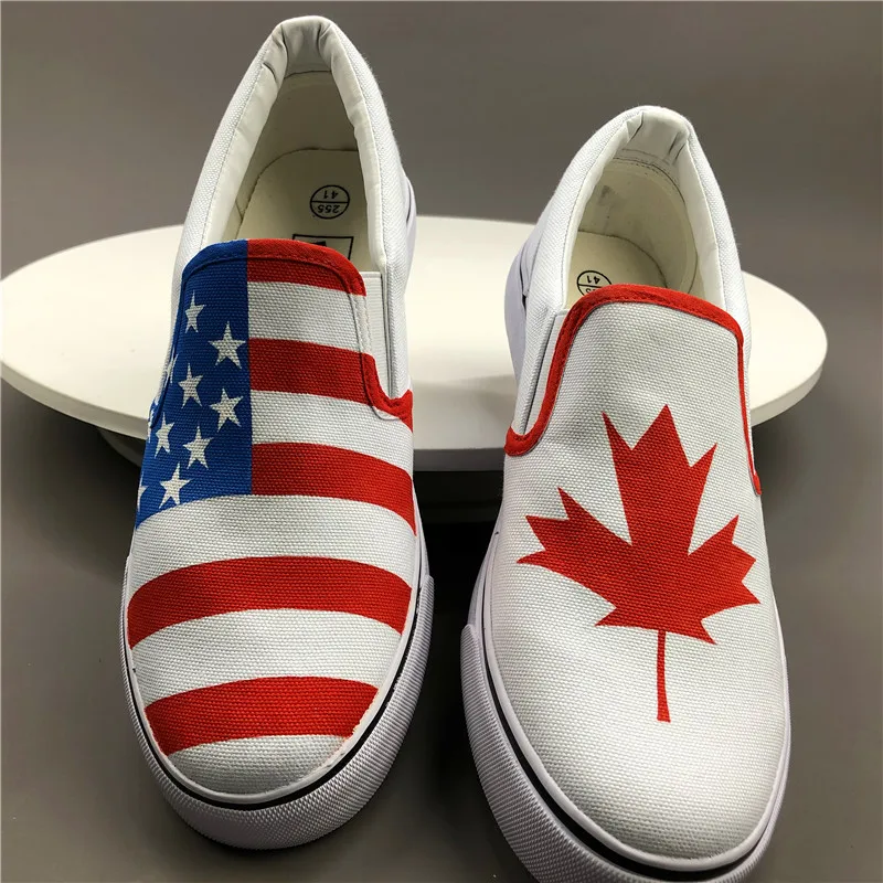 

Wen Hand Painted Original Design Custom American Flag Canada Flag Maple Leaf Slip On Shoes Men Women's Canvas Sneakers for Gifts