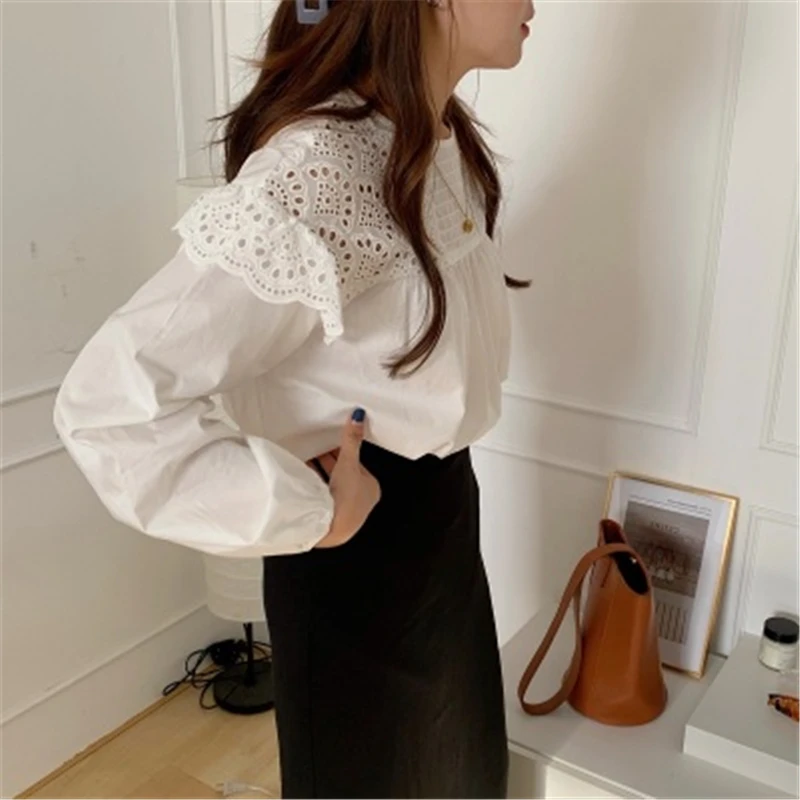 

Women's White Hollow Blouses Fall New Sweet Casual Loose O-neck Patchwork Pleated Females Shirts Top Elegance OL Shirt For Lady