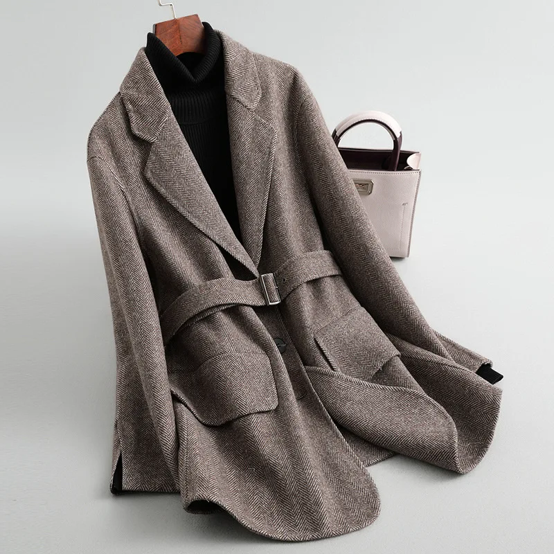 Женский 19FW двусторонний шерстяной твидовый бейзер кофта жакет с повязкой |