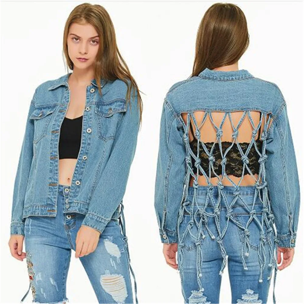 

European American Women's Loose Wind Fringed Denim Jacket Back Hollow Female Baseball Uniform Clothes Coat