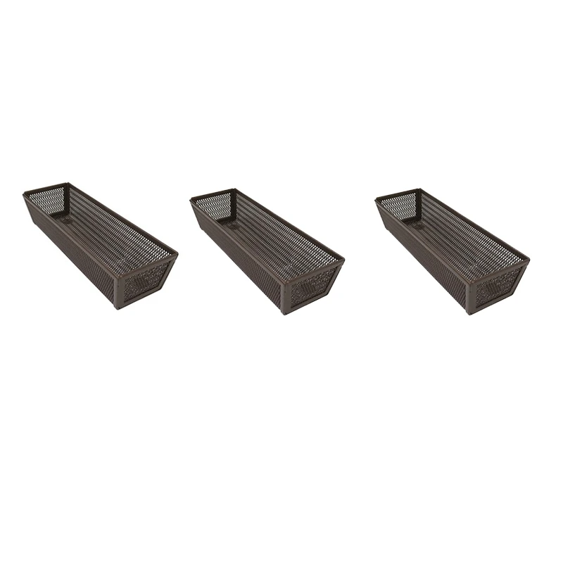 

3Pcs Drawer Organizer (9 x 3 Inch) Steel Metal Mesh Utensils, Flatware, Organization Kitchen [Brown]