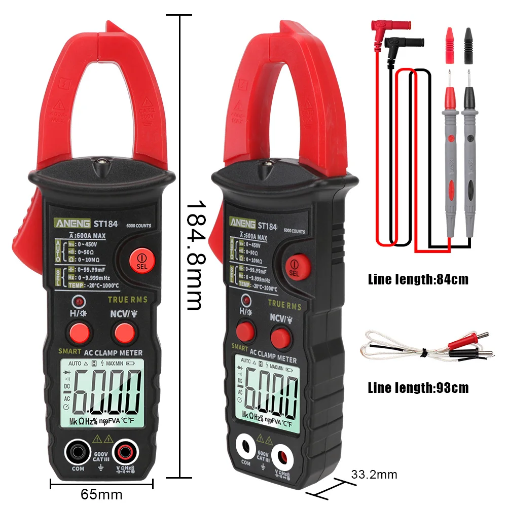

ST184 6000 Counts Ohm Hz Tester AC/DC Voltage Tester Professional Multimeter Digital Clamp Meter True RMS Voltage Meter