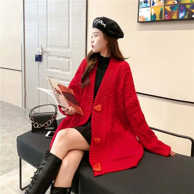 

Women Spring Autumn Casual Loose Sweater Cardigans Female Solid Color Big Pockets Knit Outwear Ladies Single-Breasted Coat S45