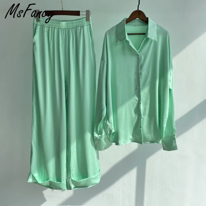 Комплект женский из 2 предметов Msfancy зеленая блузка с длинным рукавом широкие