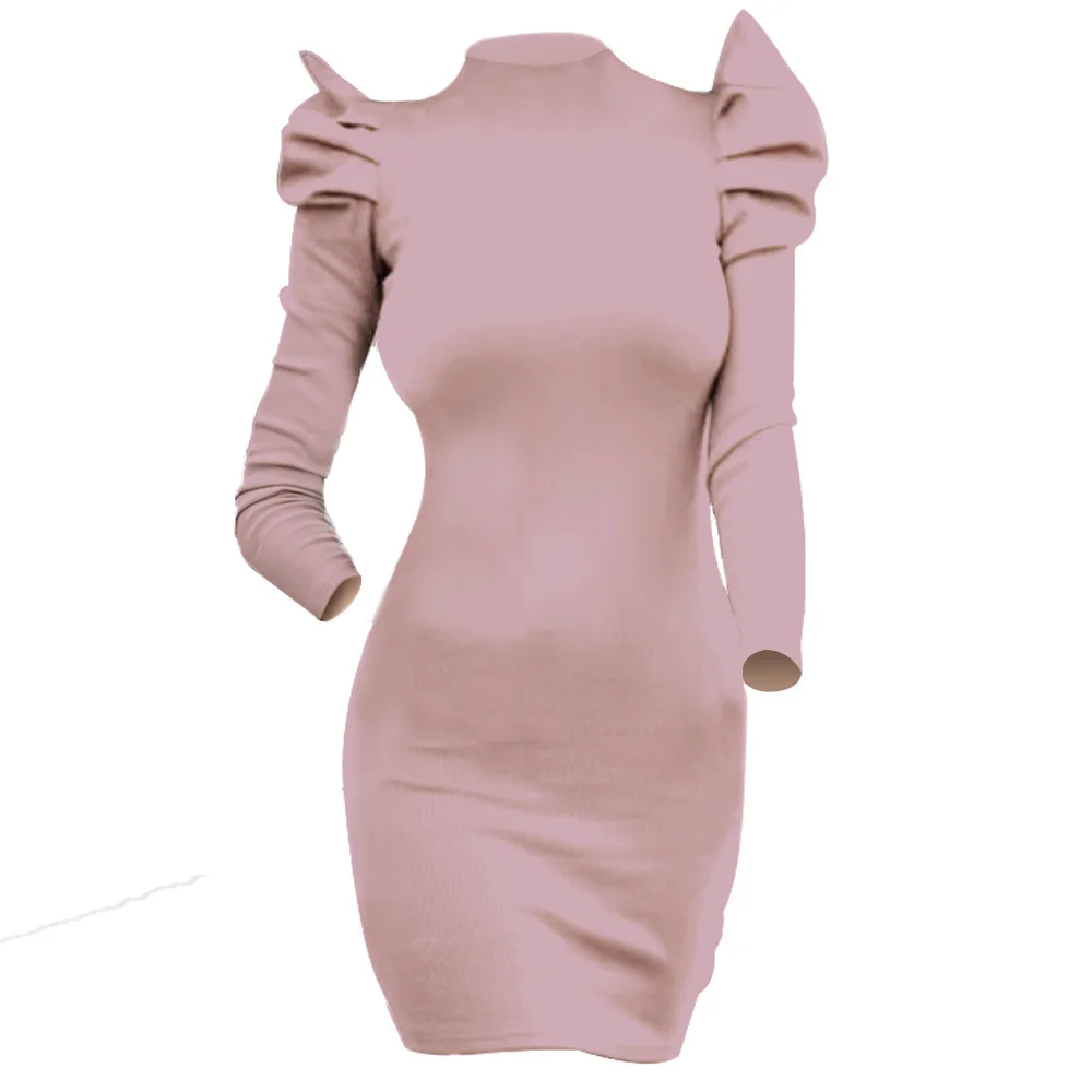 

2020 Autumn Winter Puff Sleeve Knitted Dress Long Sleeve Bodycon Mini Dresses Elegant Ladies Office Party Club Dress Vestidos
