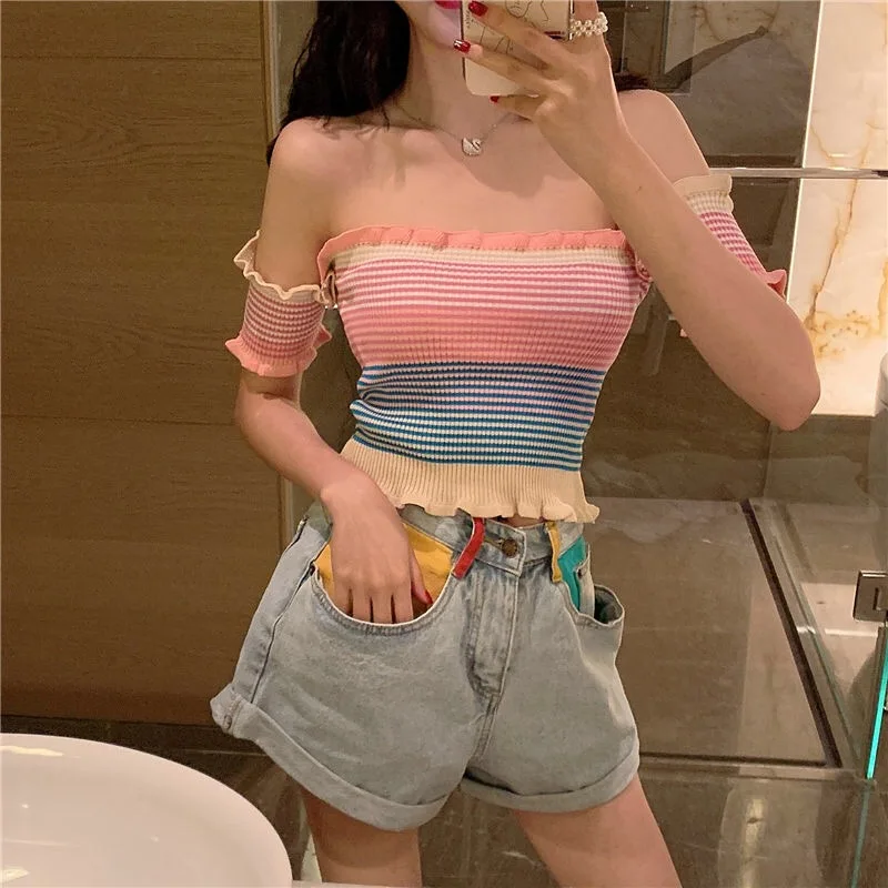 Pinkoz тонкий милый вязаный Топ клетчатый розовый летний короткий топ с рюшами и