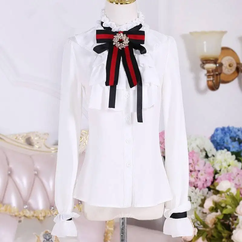 Lolita Korean Women Elegant Bow Tie White Blouses Slim Ruffles Shirt Office Ladies Tops School Blusas Female Clothing CC385