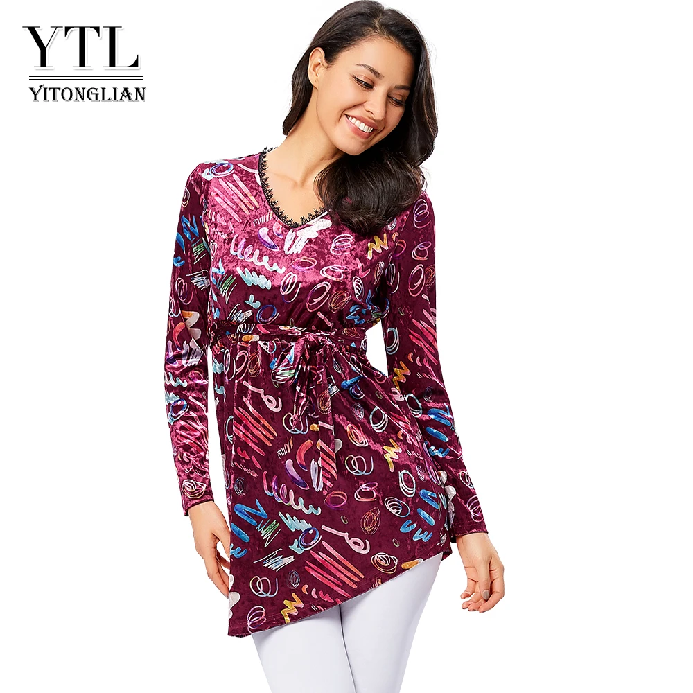 YTL женская зимняя Вельветовая облегающая туника с поясом повседневная длинная