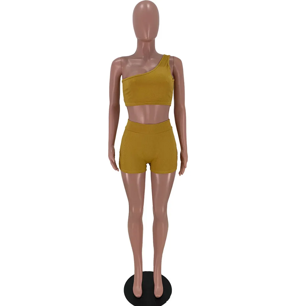 

Sexy Women Fitness Two Piece Set Casual Sporty Tracksuit One Shoulder Backless Slim Fit Crop Top+stretchy Short Co-ord Outfits