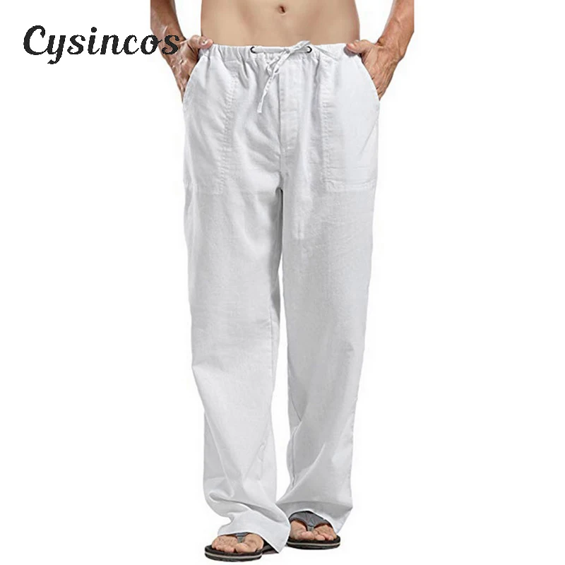 CYSINCOS Mens Nature Cotton Linen Trousers Summer Pants Casual Male Solid Elastic Waist Straight Loose Clothing | Мужская одежда