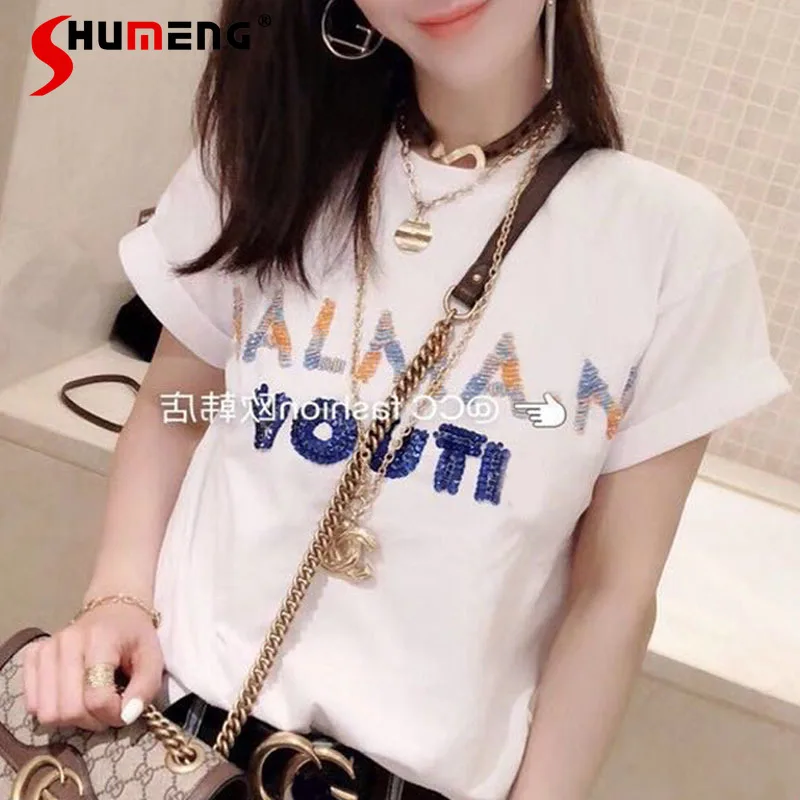 

2021 Summer European Short-Sleeved Ladies T-shirt New Summer Loose Western Style Fashion Women Tees Crew Neck Pullover Tops