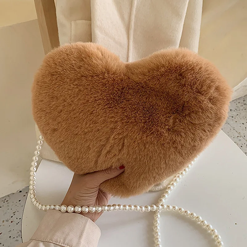 

Women Fashion Vintage Mini 2021 New Luxury Casual Heart Shaped Cute Plush Elegant Evening Zippers Chains Sweet Shoulder Bag