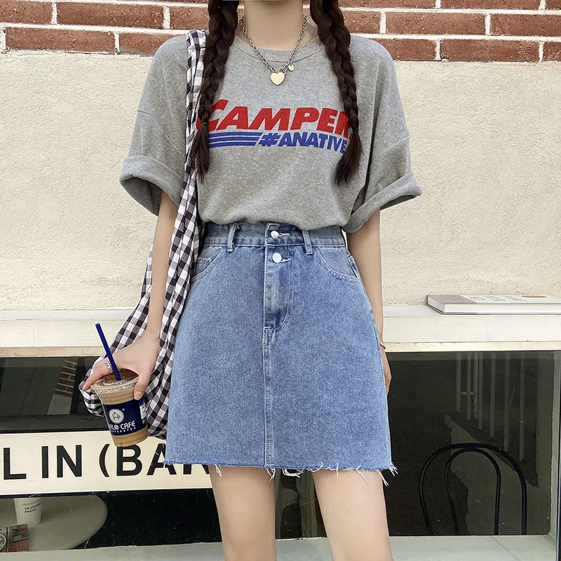 

Spring and summer denim skirt women's 2021 new high waist slim A-line skirt, versatile blue edging short skirt with buttocks