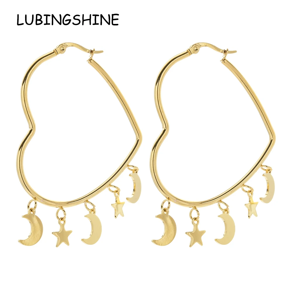 

Women 316L Stainless Steel Heart Round Circle Big Hoop Earrings Moon Star Cross Gold Color Earring Fashion Punk Hiphop Jewelry