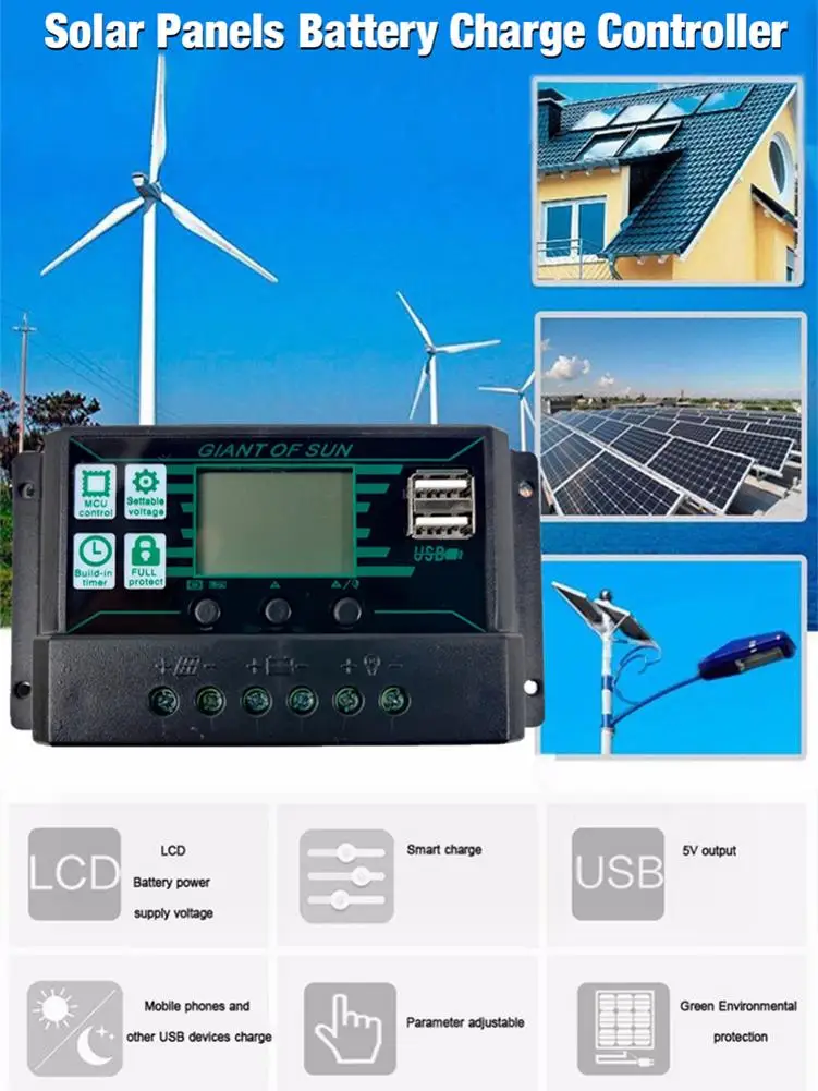 10 А 20 30 40 50 60 100 MPPT PWM Контроллер заряда солнечной батареи 12 в 24 регулятор панели 2 USB