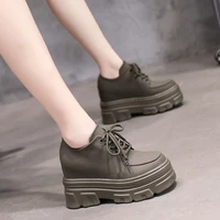 small leather shoes womens elephant gray 2021 autumn new lace up shallow mouth pumps thick invisible elevated muffin shoes