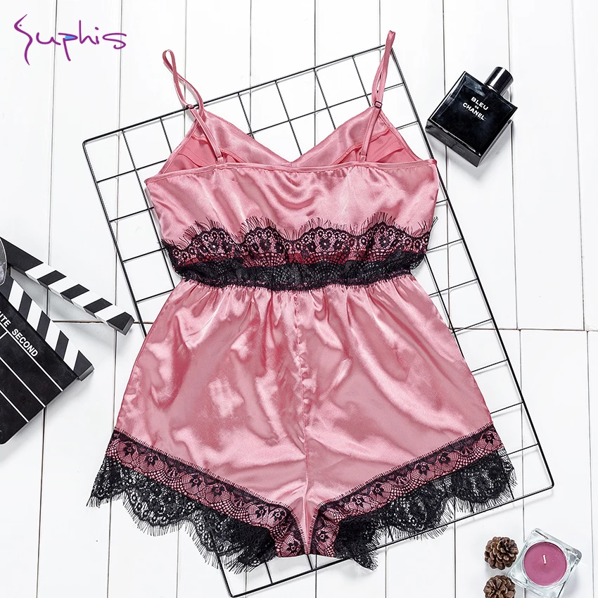 Женское шелковое боди с кружевной отделкой Suphis сексуальное розовое атласное