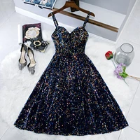 sparkling navy blue short prom dress 2020 new arrival spaghetti backless short party dress