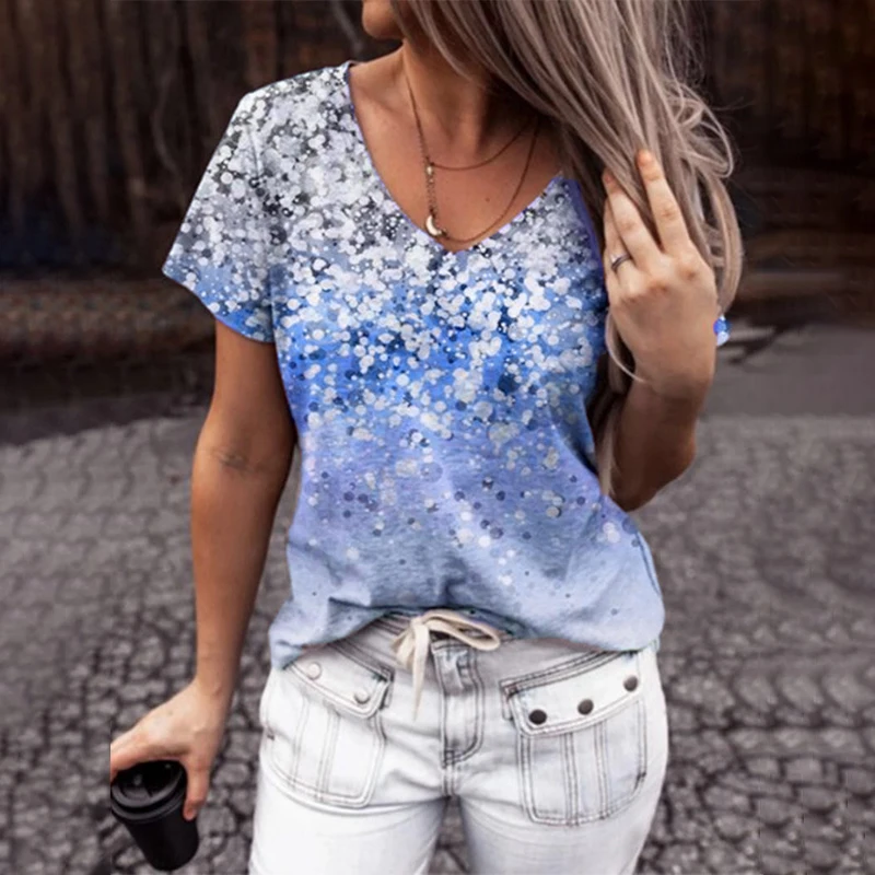 

Summer Tie Dye Print T Shirt Women Short Sleeve Sexy V Neck Plus Size Tops Casual Loose Streetwear Tee Shirt