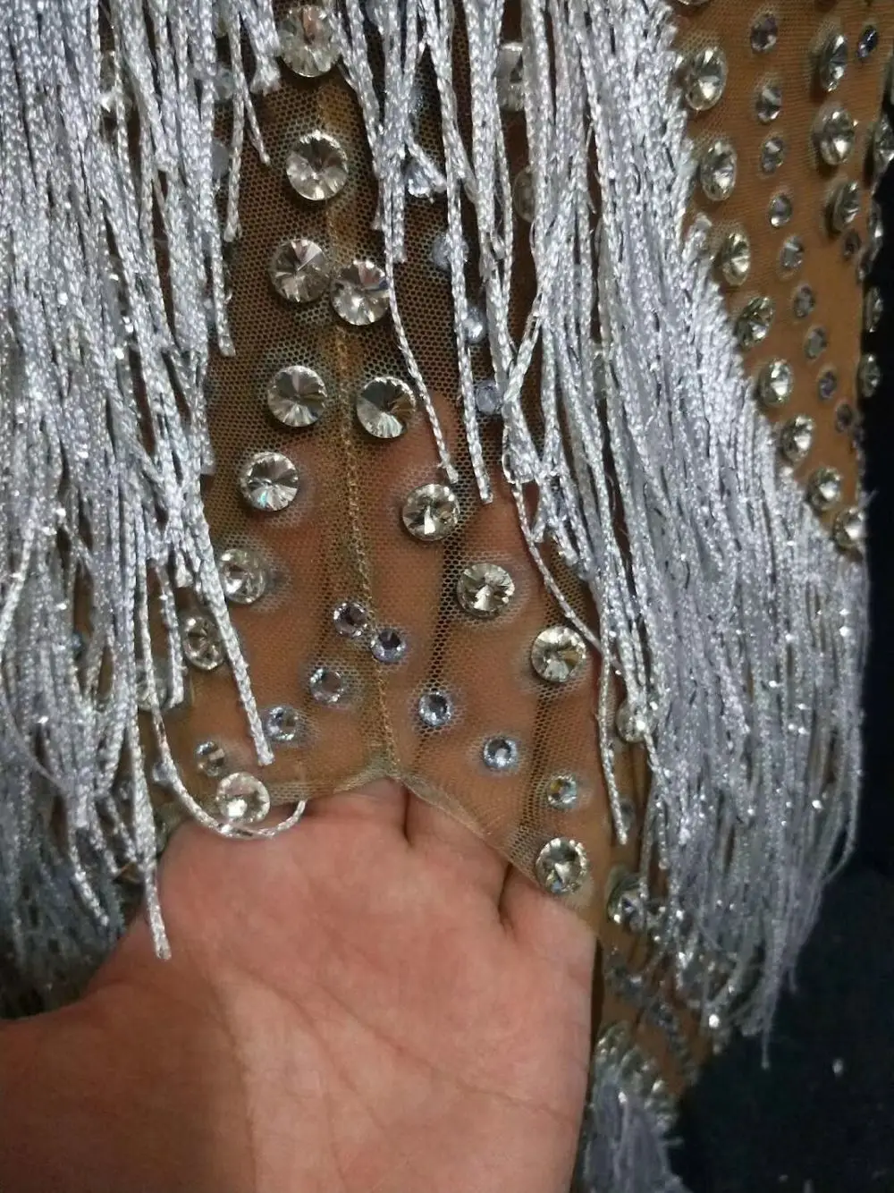 

High Quality Celebrity Long Sleeve Shining Beading Tassel Dress DJ Club Party Dancer Costume
