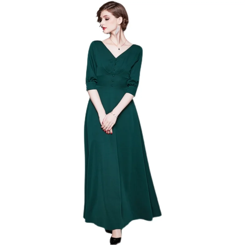 

Women Spring Summer Designer Elegant Ruched Button V Neck Party Robe Ladies Vintage Sexy Slim Dark Green Maxi Dress Vestidos