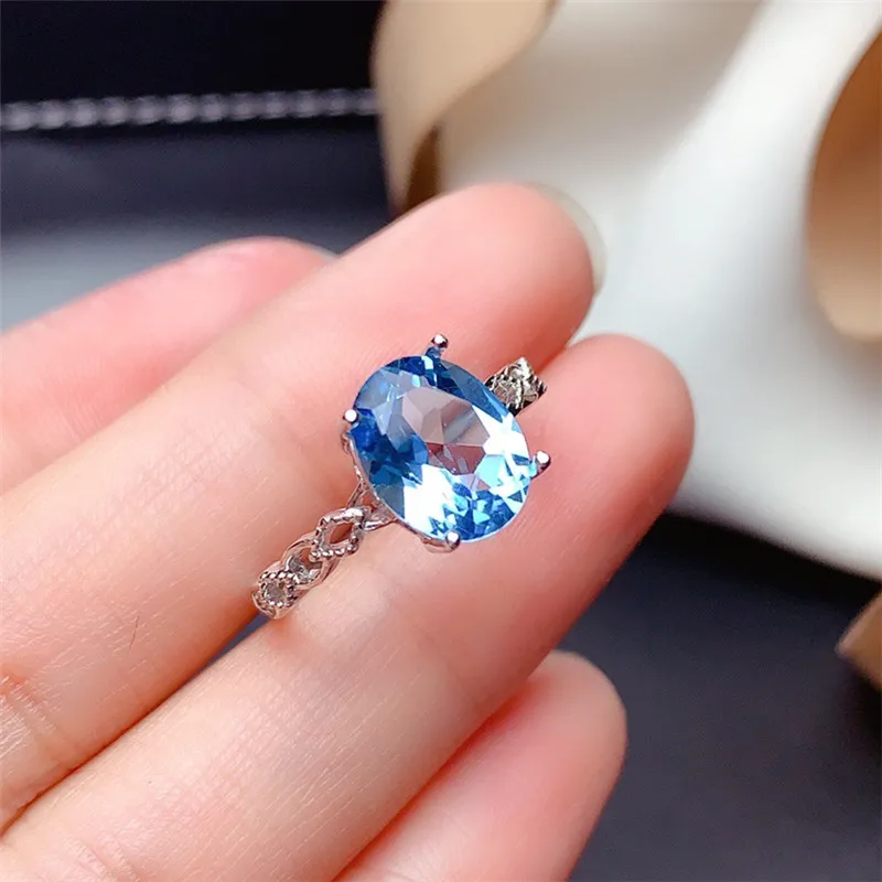 

MDINA Natural Topaz Ring 7*9MM Blue Gemstone Fashion Jewelry For Women Anniversary Birthday Gift Real 925 Sterling Silver