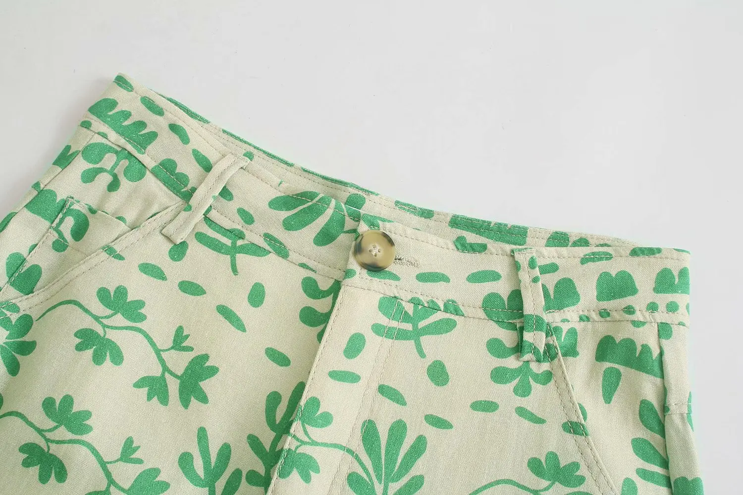 

2021 Women Chic Fashion Floral Print Straight Linen Pants Vintage High Waist Zipper Fly Female Pockets Buttons Lady Trousers