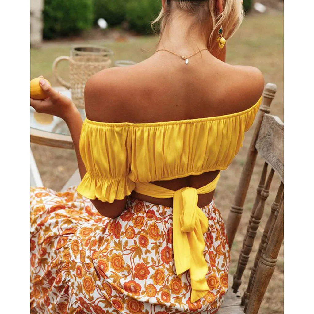 

Women Summer Tee Shirt Bohemian Women Lantern Short Sleeve V-Neck Solid Color Short Tops Shirt vestidos ropa mujer