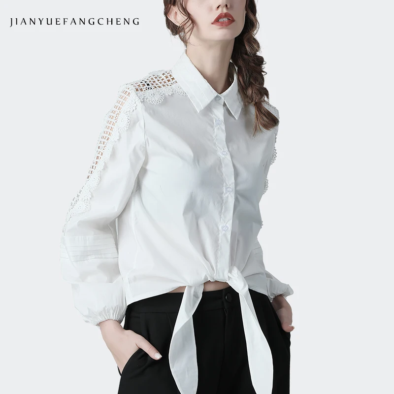 Модная женская белая рубашка с длинным рукавом хлопковый топ вырезами на плечах