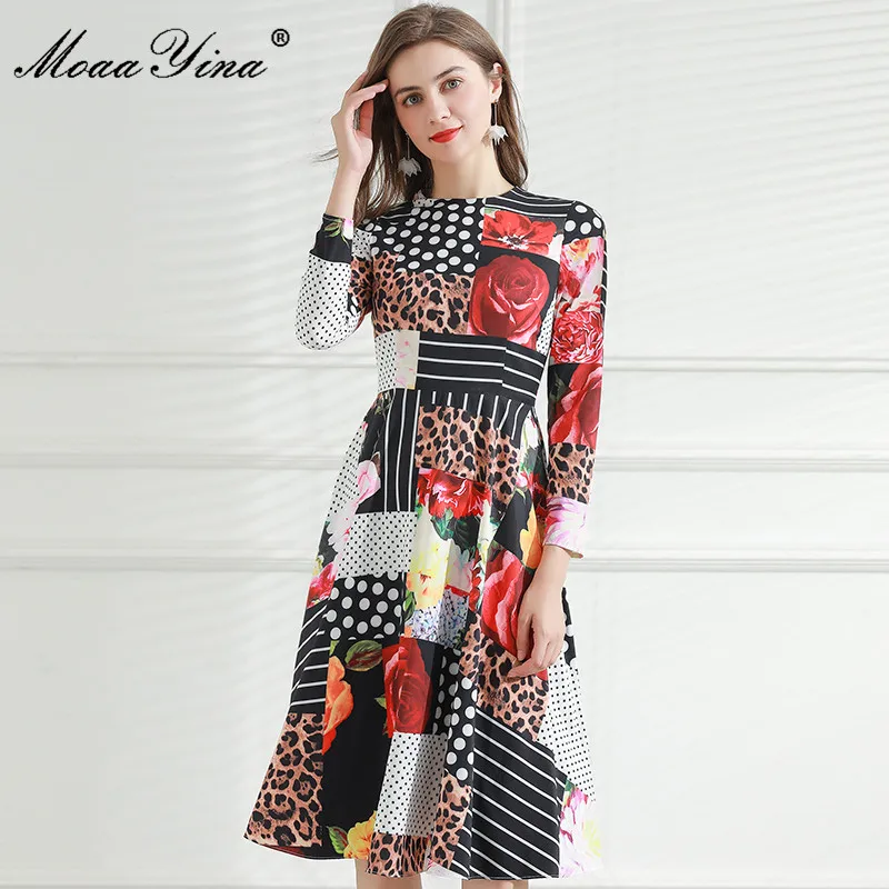 

MoaaYina модное дизайнерское платье Весна Осень женское платье с длинным рукавом в горошек с цветочным принтом элегантные винтажные платья