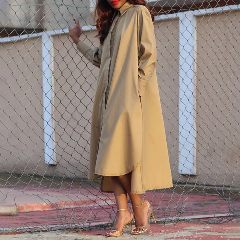 

Western Style Fashion Temperament Casual 2021 Spring Summer Women's Dress Loose Solid Color Single-breasted Long Sleeve