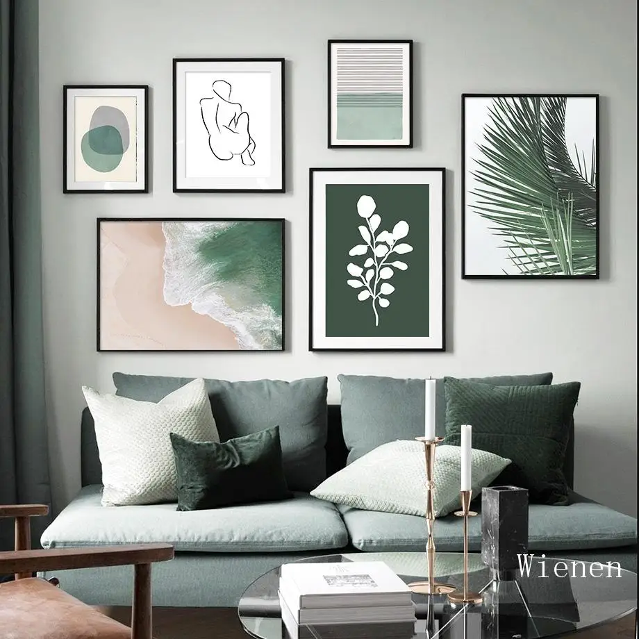 

Abstract Nordic Leaf Cactus Canvas Painting Beach Girl Body Line Wall Art Posters And Prints Wall Pictures For Living Room Deco