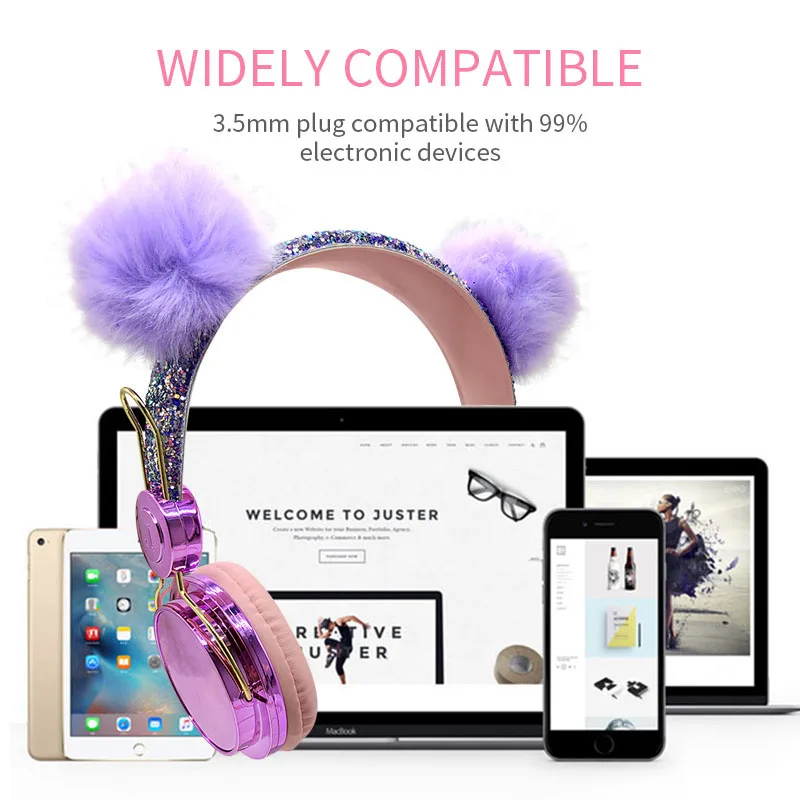 Милый меховой шарик детские наушники с кошачьими ушками для Девочек Музыкальная