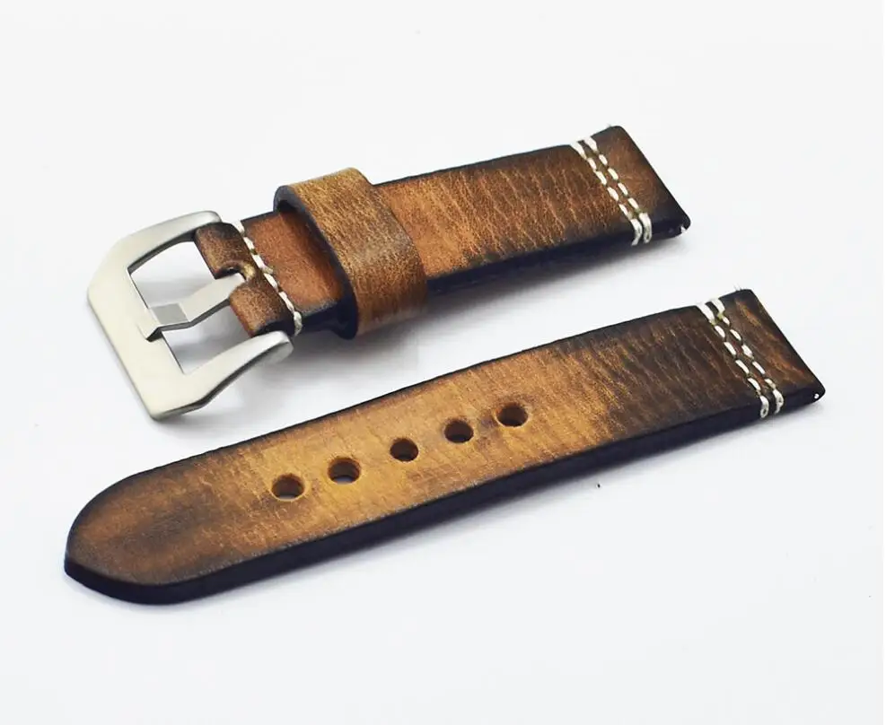Top layer of tree cream leather hand-painted  watch stra,p Cowhide leather vintage handmade strap Unisex 18 20 22 24mm strap