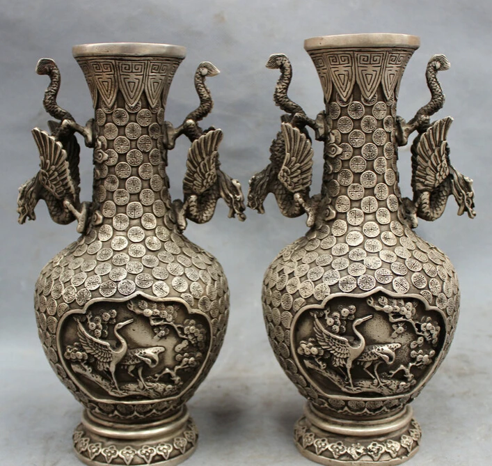 

Песня voge gem S2430 10 дюймов, Китайский серебряный дракон, Феникс, журавль, Сосновая статуя, дворец, ваза, пара