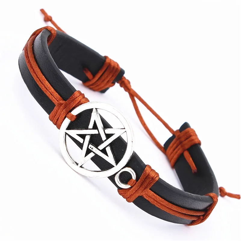 Мужской и женский кожаный браслет DGW плетеный серебристого цвета с пятиконечной