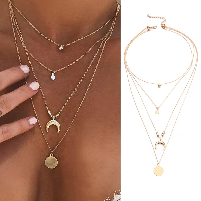Мульти-Слои цепи ожерелье с круглой подвеской в виде полумесяца для женщин