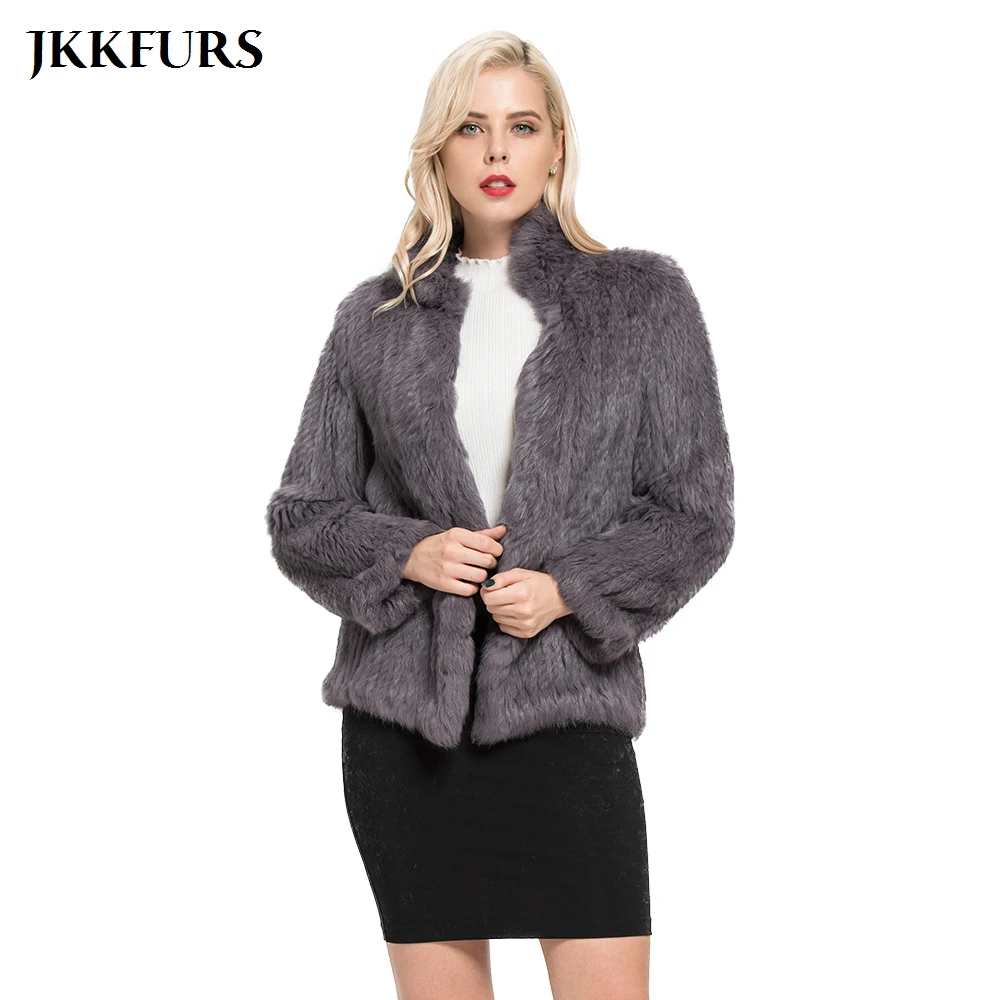 JKKFURS 2021 Новая Женская Толстая вязаная шуба из 100% натурального кроличьего меха