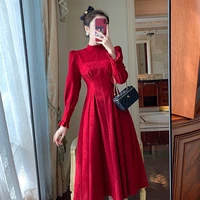 long sleeve dress women party holiday elegant red female stand collar simple trendy korean style leisure streetwear slim ins new
