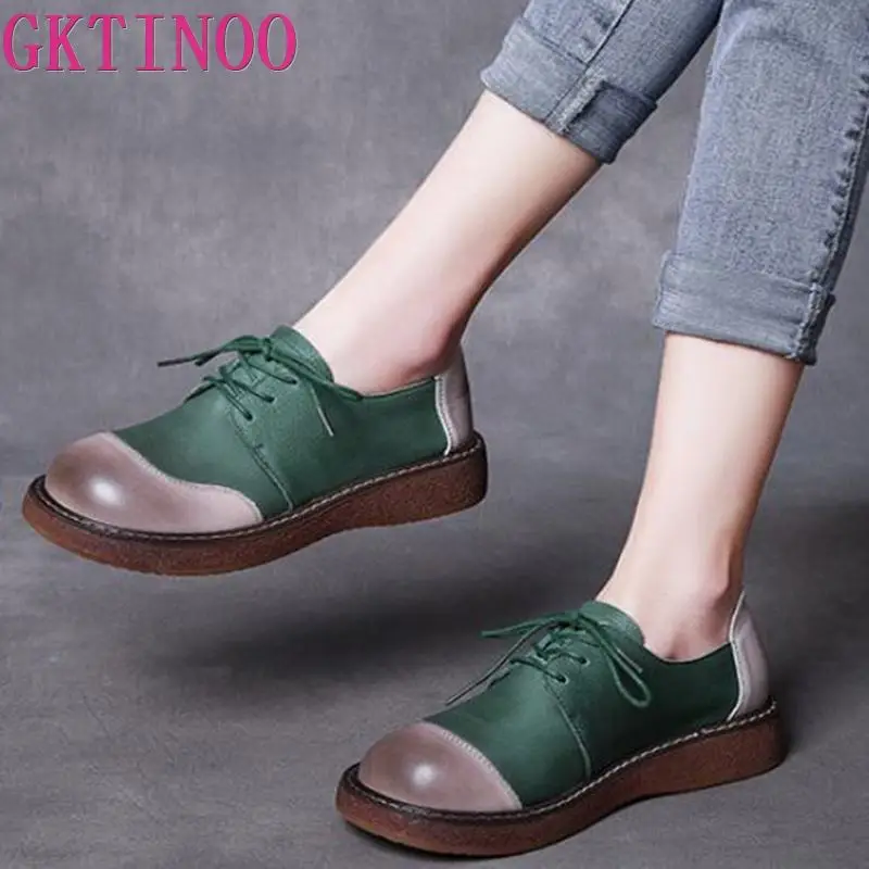 

GKTINOO Genuine Leather Pumps Women Shoes 2022 New Autumn Mixed Colors Lace-up Flat With Leisure Concise Sewing Ladies Shoes