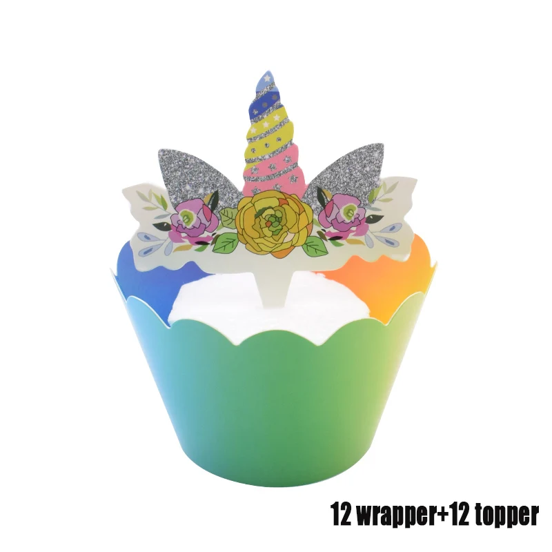12 wrapper 12 topper Комплект украшений для вечеринки в виде единорога, тарелки, салфетки для стаканчиков, покрытие для стола, для дня рождения, свадьбы - Цвет: 12 wrapper 12 topper