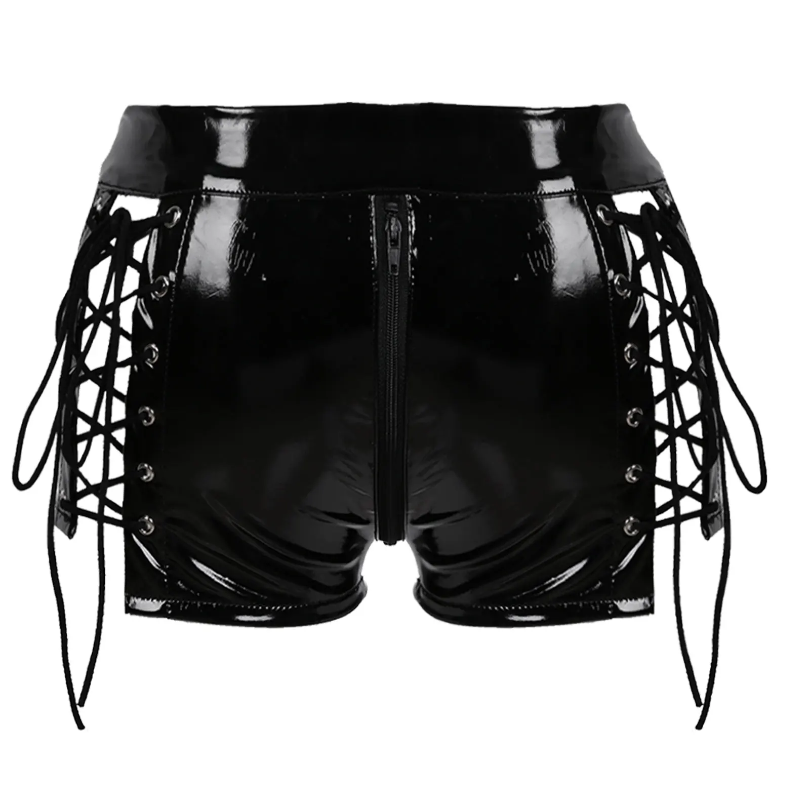 Womens Zipper Crotch Rave Booty Shorts for Pole Dance Wet Look Patent Leather Hollow Out Lace-up Mini Hot Pants Night Club |