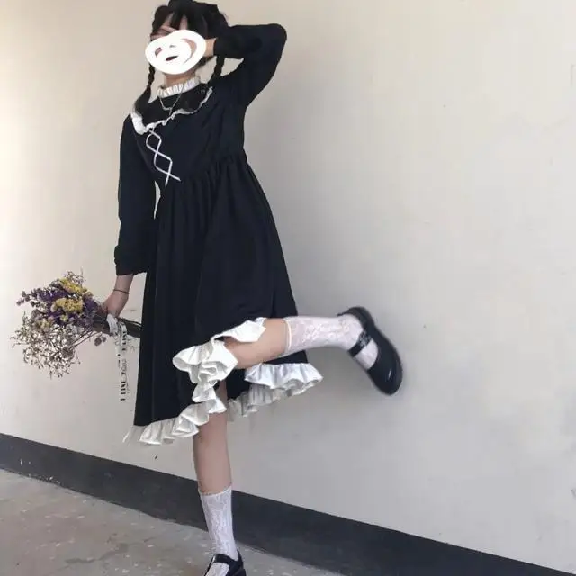 Homemade Vintage Girl Japanese Style Soft Girl Ruffled Platycodon Grandiflorum Black Dress Hepburn Mid-Length Dress Autumn