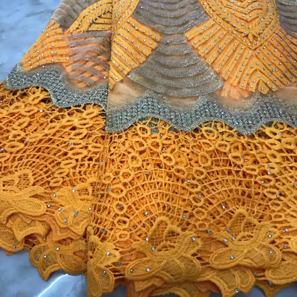 Оранжевая вышитая Тюль французская кружевная ткань для свадьбы гипюр