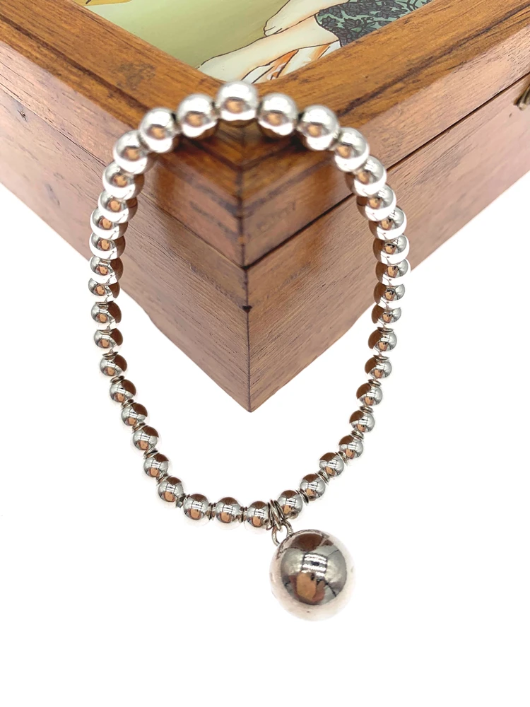 

5mm Stainless Steel Beads Stretchy Bracelet With One Plain Ball Charm For Women and Girls Gifts 7.5 Inch
