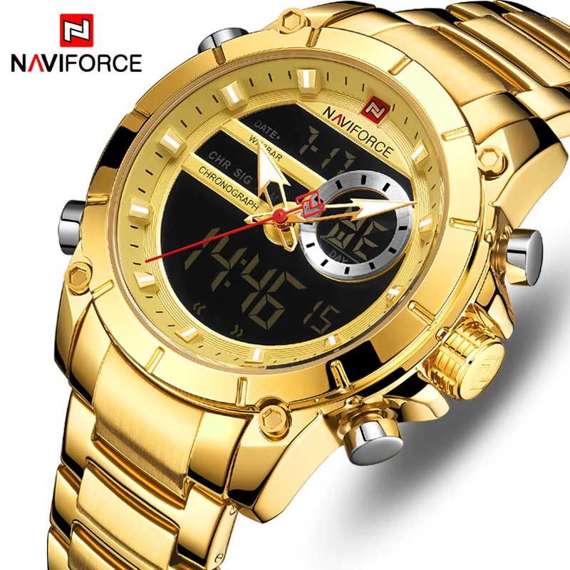 Часы NAVIFORCE 9163GG для мужчин роскошные армейские часы Золотые Кварцевые