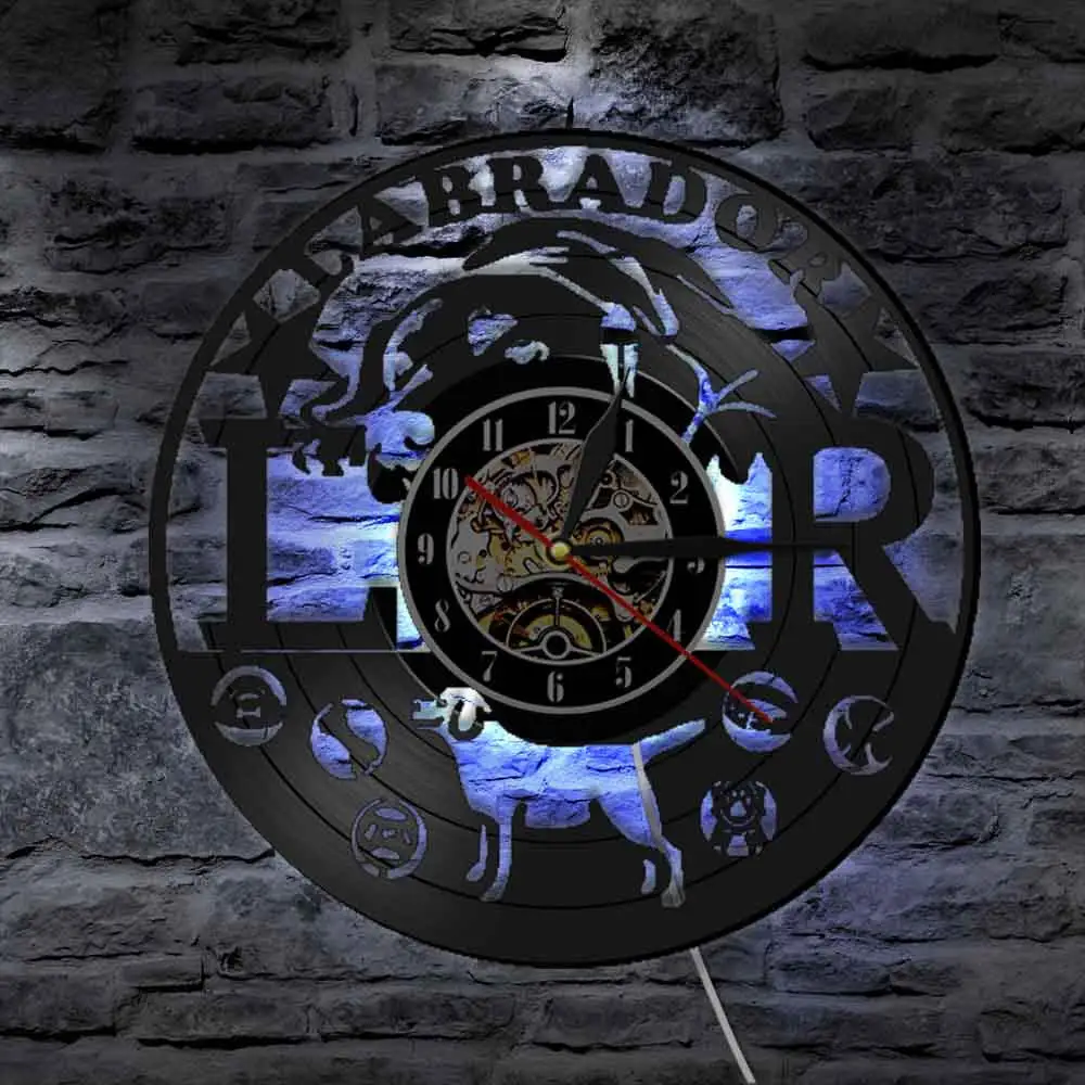 Online Labrador cão raça registro de vinil relógio parede golden retriever filhote de cachorro pendurado luz da noite decoração casa doggy arte amante do cão presente